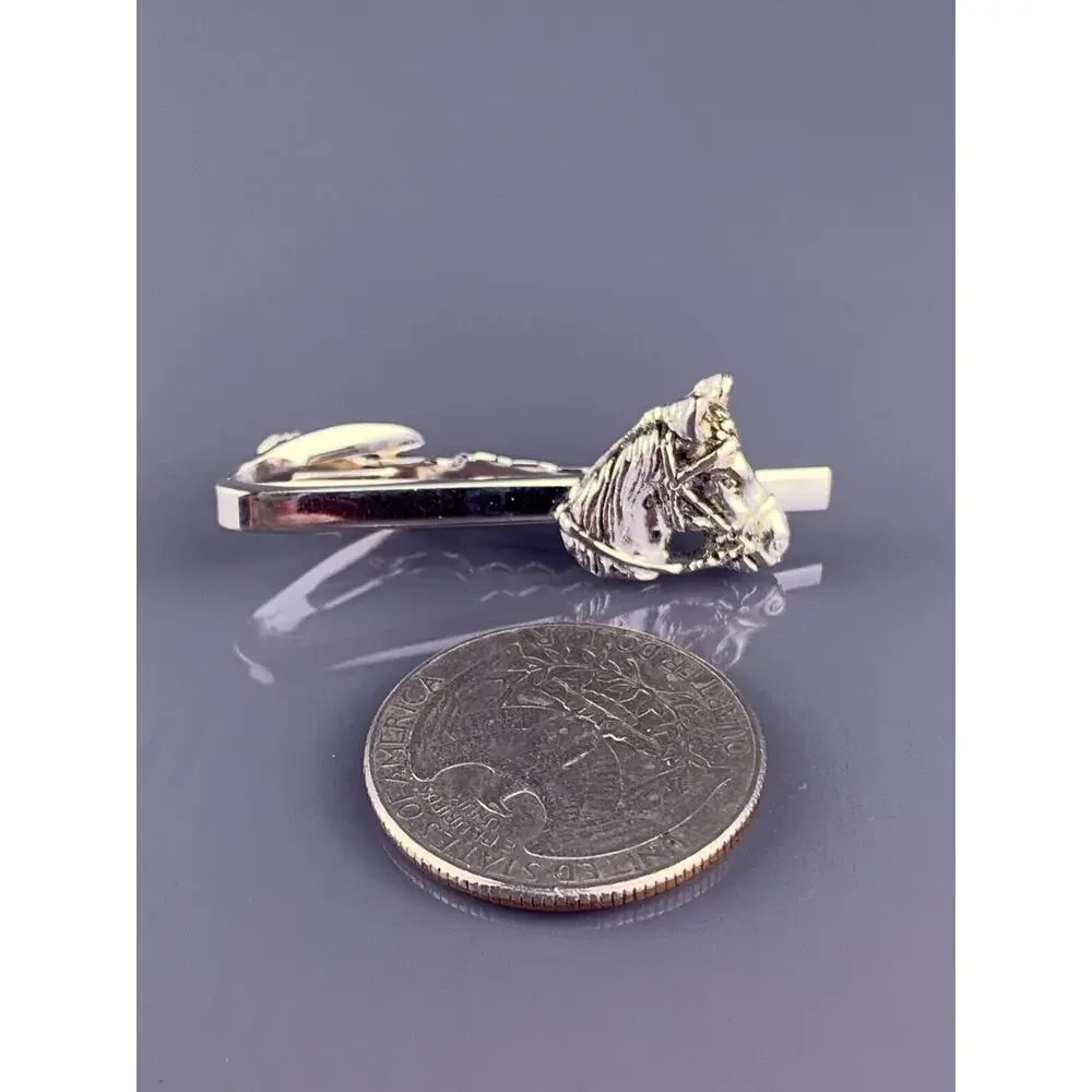 Bridled Horse Head Tie Clip Bar Silver Tone Equestrian Racing Dressage Vintage